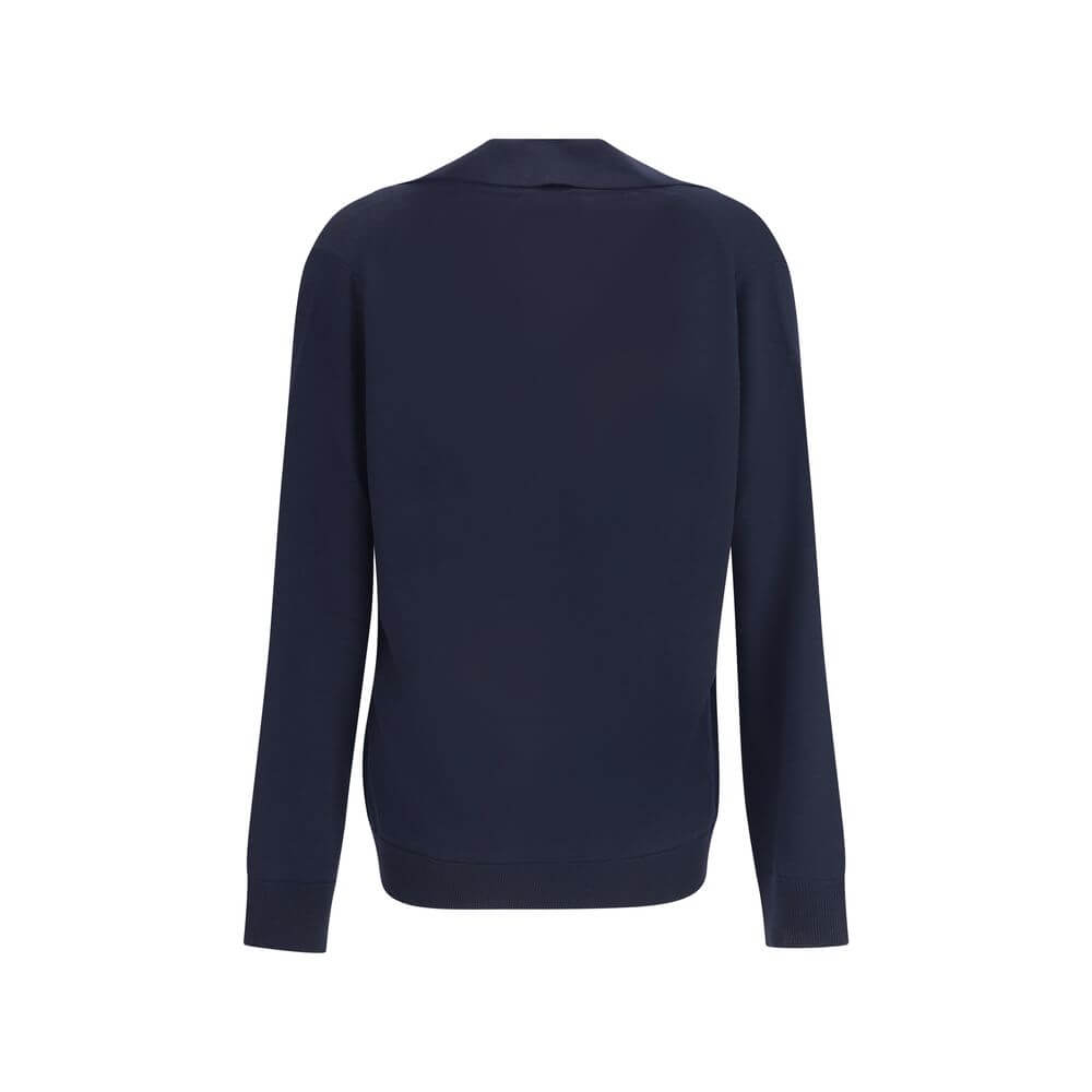 Rear view of Gucci Blue Wool Sweatshirt with long sleeves and ribbed trims, showcasing elegant casual-chic design. AW25 collection.