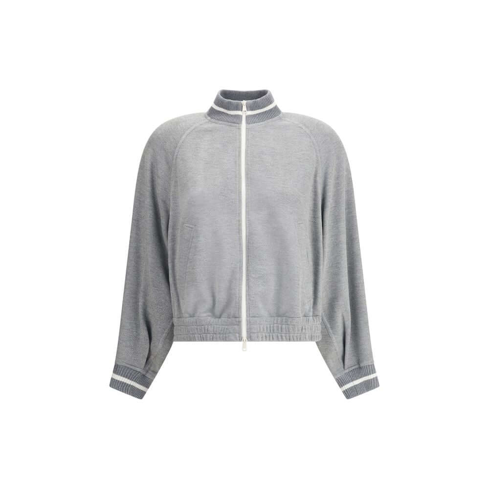 Brunello Cucinelli Gray Viscose Sweatshirt with zipper closure, ribbed collar, cuffs, hem, and side pockets; Made in Italy AW25.