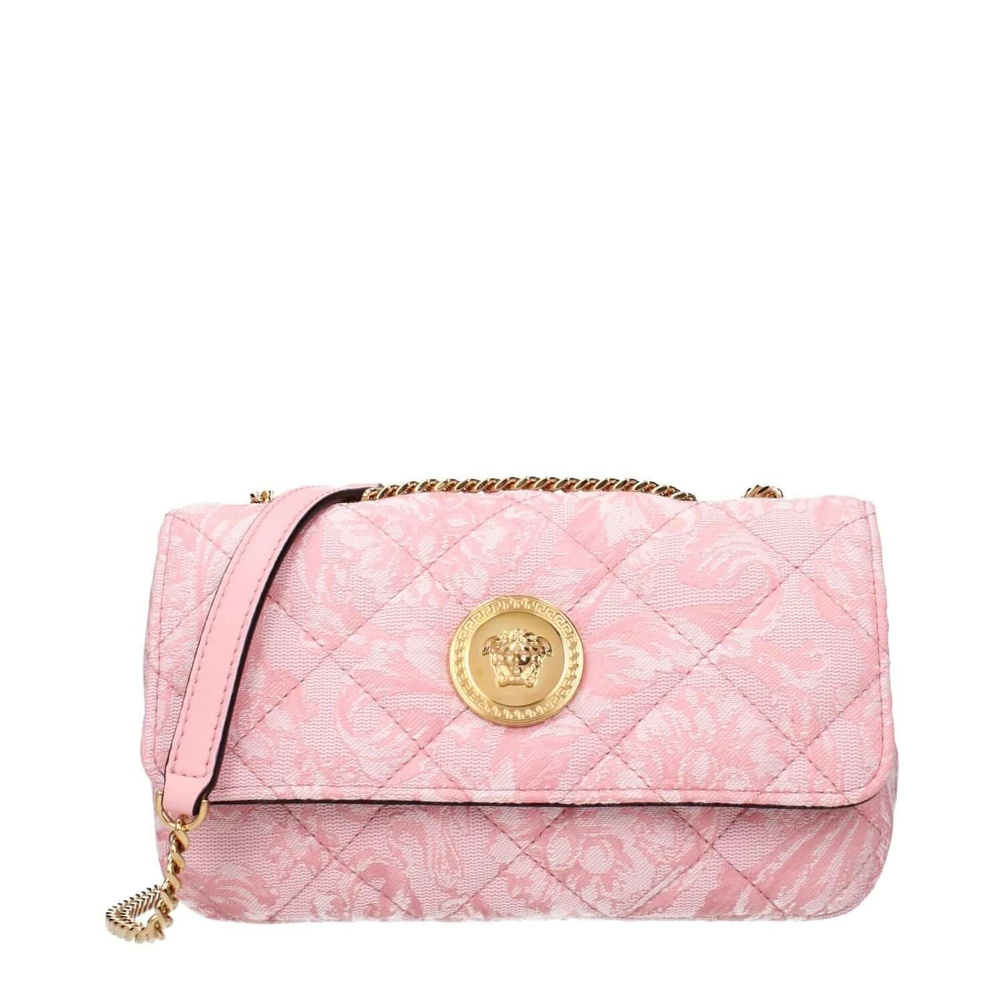 Versace Pink Fabric Shoulder Bag with gold front detail and chain strap, stylish quilted design, MPN 10133521A159111P56V.