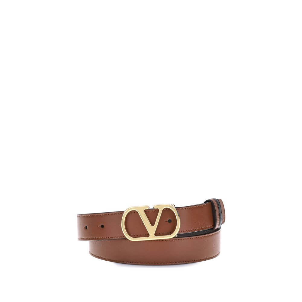 Valentino Garavani Brown Calf Leather Bos Taurus Regular Belt with gold VLogo buckle, elegant reversible design for versatile wear.