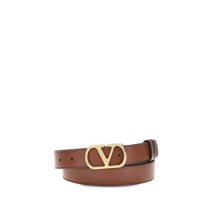 Valentino Garavani Brown Calf Leather Bos Taurus Regular Belt with gold VLogo buckle, elegant reversible design for versatile wear.