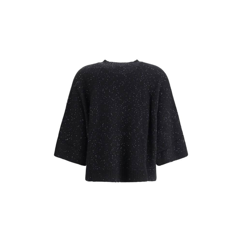 Fabiana Filippi Black Fleece Wool Sweatshirt with sequins, 3/4 sleeves, ribbed hem, made from silk, Kashmir, alpaca, AW25 collection.