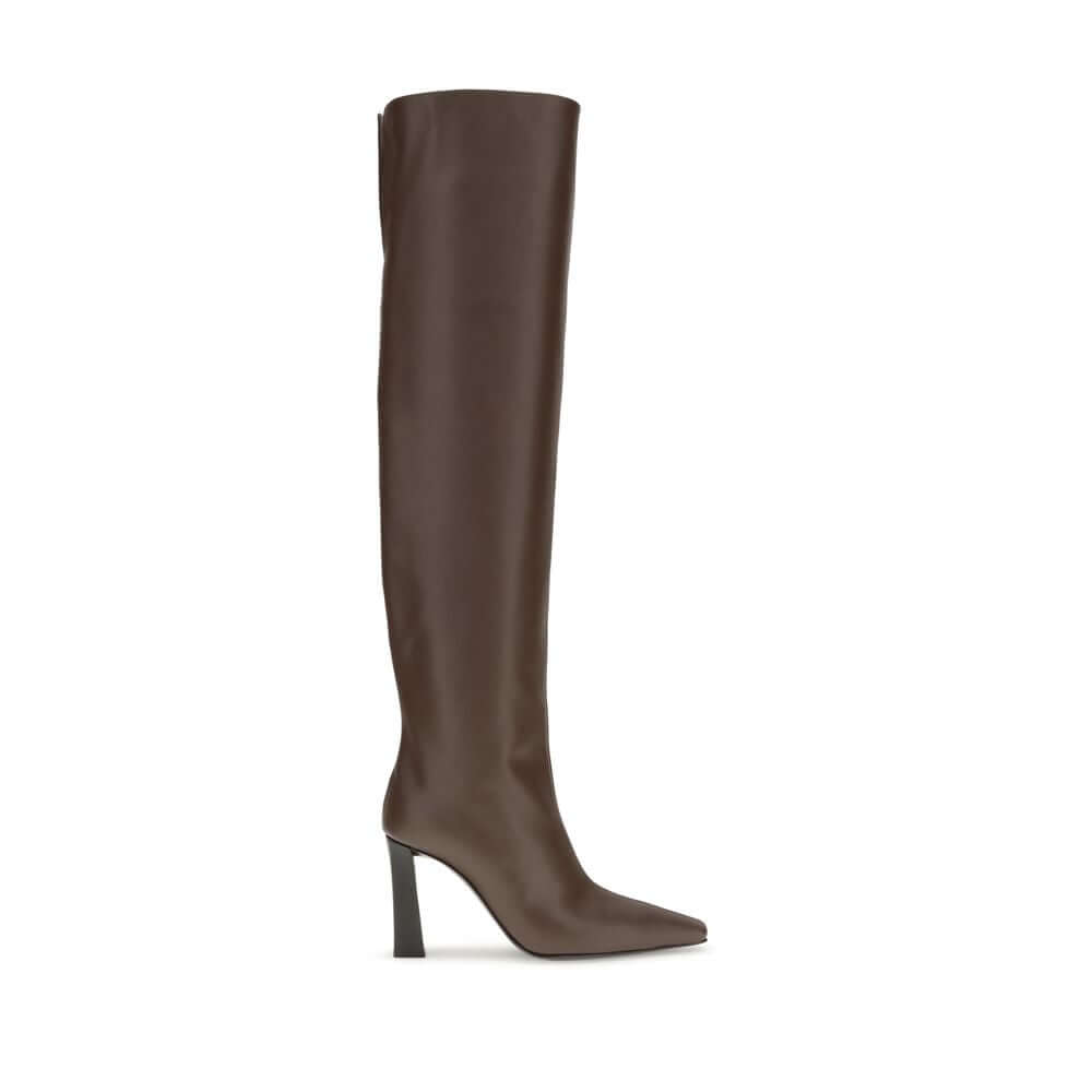 Giuseppe Zanotti Brown Leather Over The Knee boot with almond toe and squared heel, perfect for bold contemporary looks.