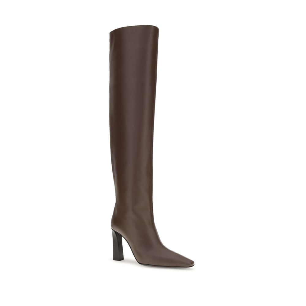 Giuseppe Zanotti Brown Leather Over The Knee boots featuring almond toe and squared heel, made in Italy for contemporary elegance.