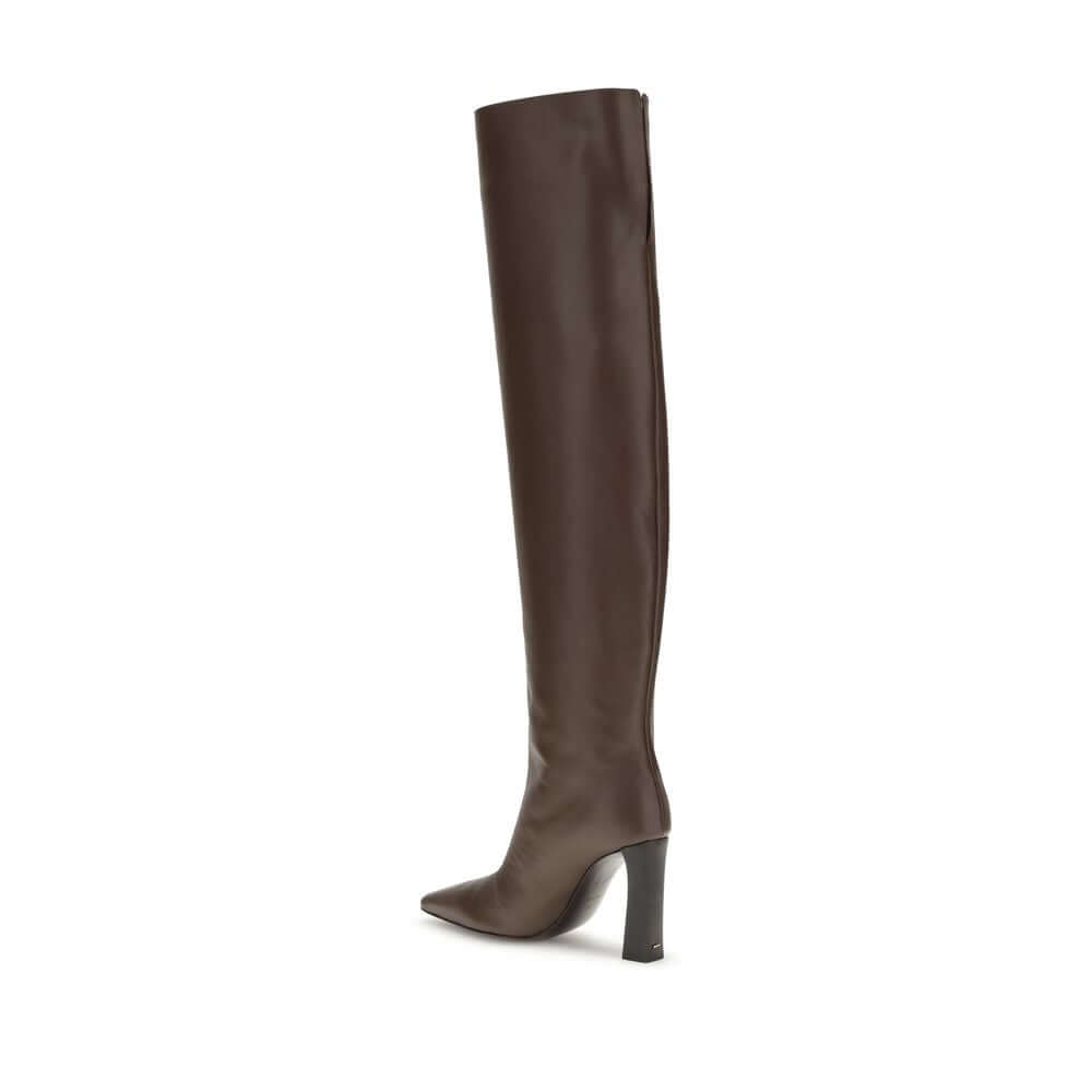 Giuseppe Zanotti Brown Leather Over The Knee boot with squared heel and almond toe, made in Italy, elegant and bold design.