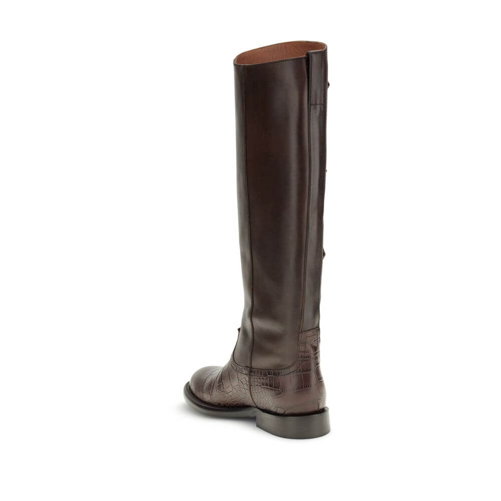 Paris Texas Brown Leather Lace-Up Boots with crocodile embossed details, decorative side buckles, and structured silhouette, knee-high view.
