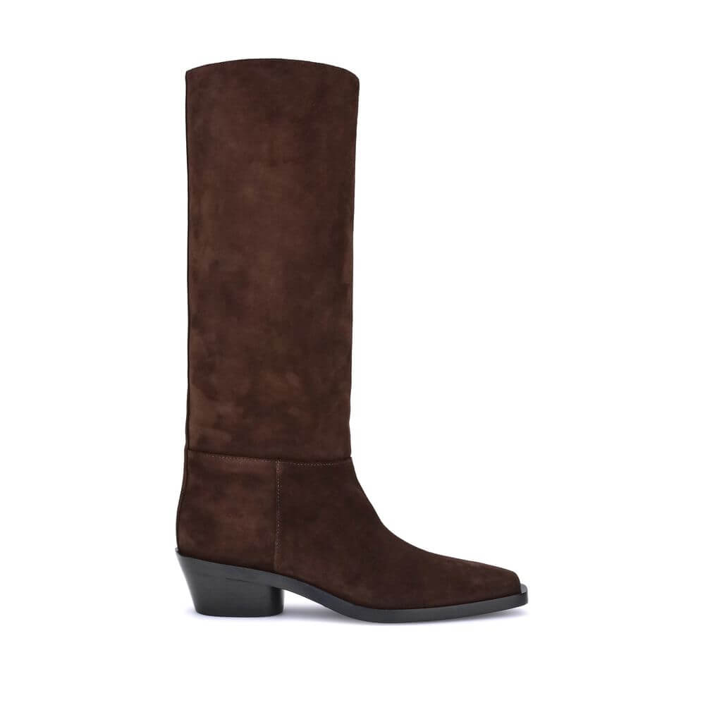 Proenza Schouler Brown Calf Leather Bos Taurus Ankle Boots with suede design, squared toe, and wide heel made in Italy.