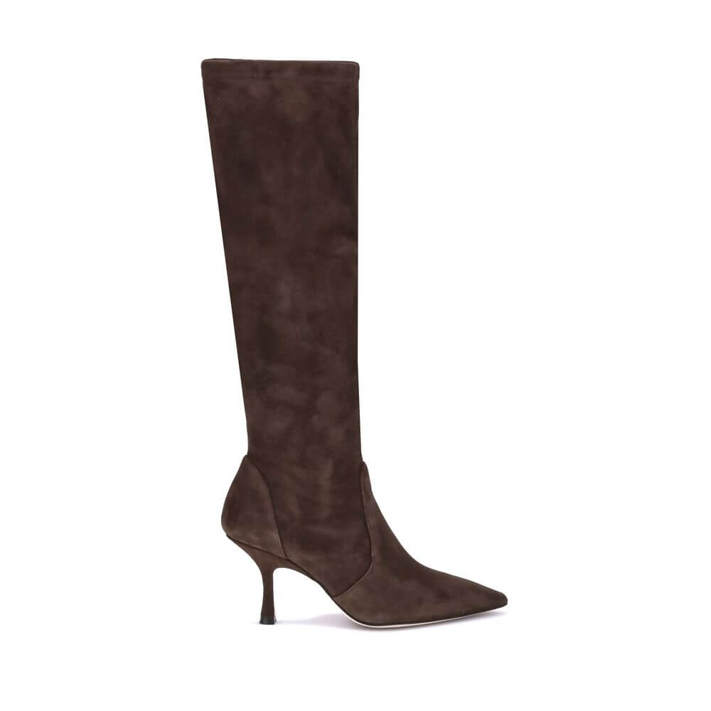 Stuart Weitzman Brown Calf Leather Bos Taurus High Heel Boots with stiletto heel and almond toe, made in Spain, elegant slip-on style
