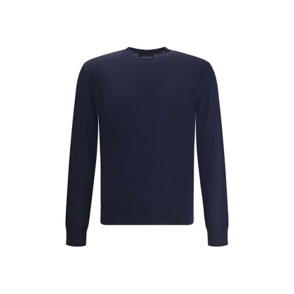 Giorgio Armani Blue Fleece Wool Sweatshirt with crew neck, ribbed cuffs, and hem. Slim fit long-sleeve sweater for a sophisticated look.