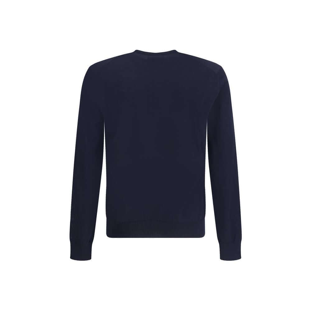 Back view of Giorgio Armani Blue Fleece Wool Sweatshirt, showcasing ribbed cuffs and slim fit design for elegance.