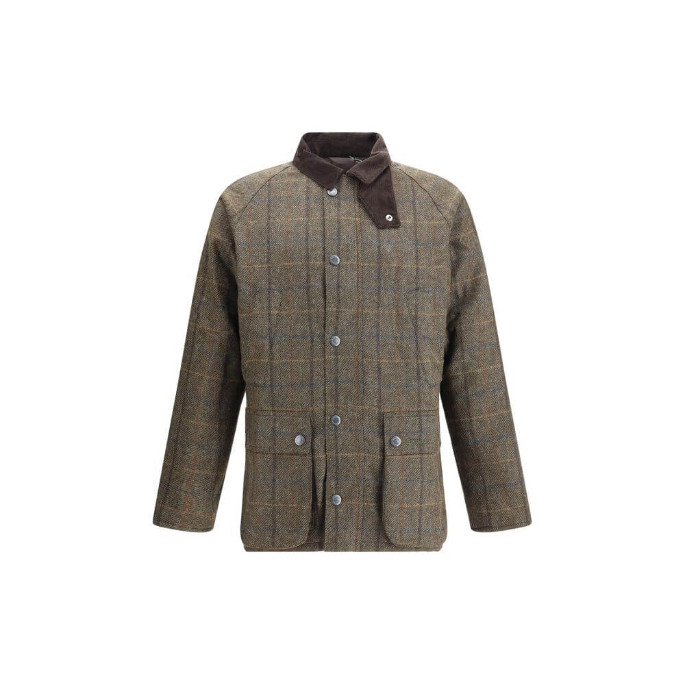 Barbour Green Wool Coat with check pattern and corduroy collar, featuring front snap closure and flap pockets, AW25 season, regular fit.