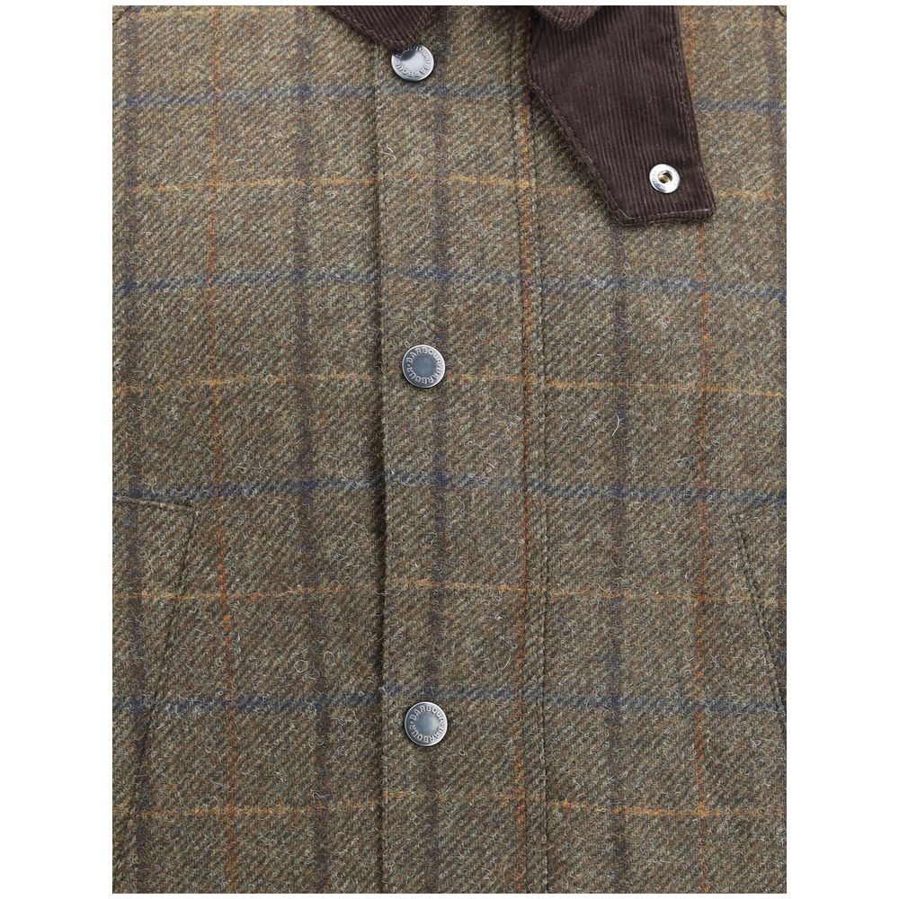 Close-up of Barbour Green Wool Coat with check pattern, corduroy collar, and snap closures, perfect for timeless casual elegance.