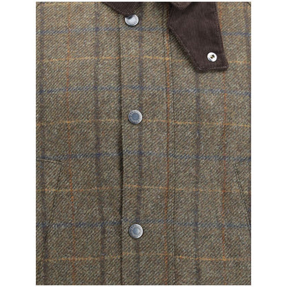 Close-up of Barbour Green Wool Coat with check pattern, corduroy collar, and snap closures, perfect for timeless casual elegance.