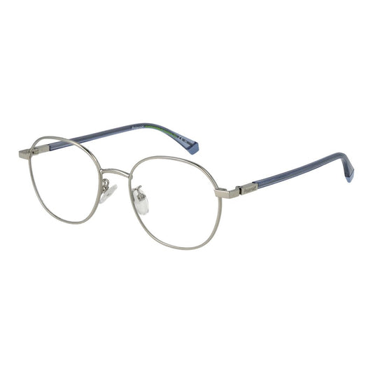 Polaroid Silver Unisex Glasses Frame in metal full-rim panto style with demo lenses and branded case included.