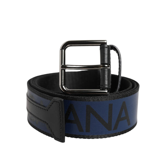 Dolce & Gabbana Black Blue DG Logo Silver Metal Buckle Belt