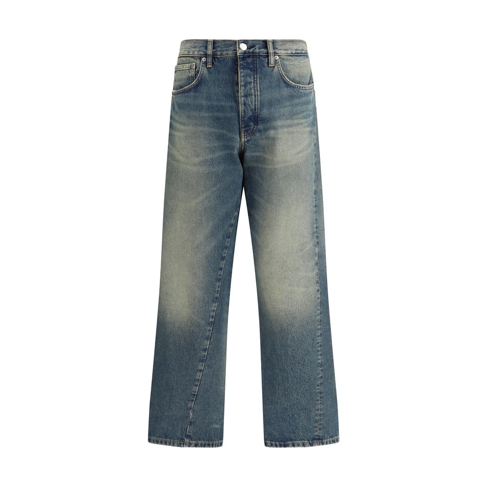 Sunflower Blue Cotton Jeans Denim with wide bold cut and recycled metal trim, featuring a vintage wash for a modern aesthetic.
