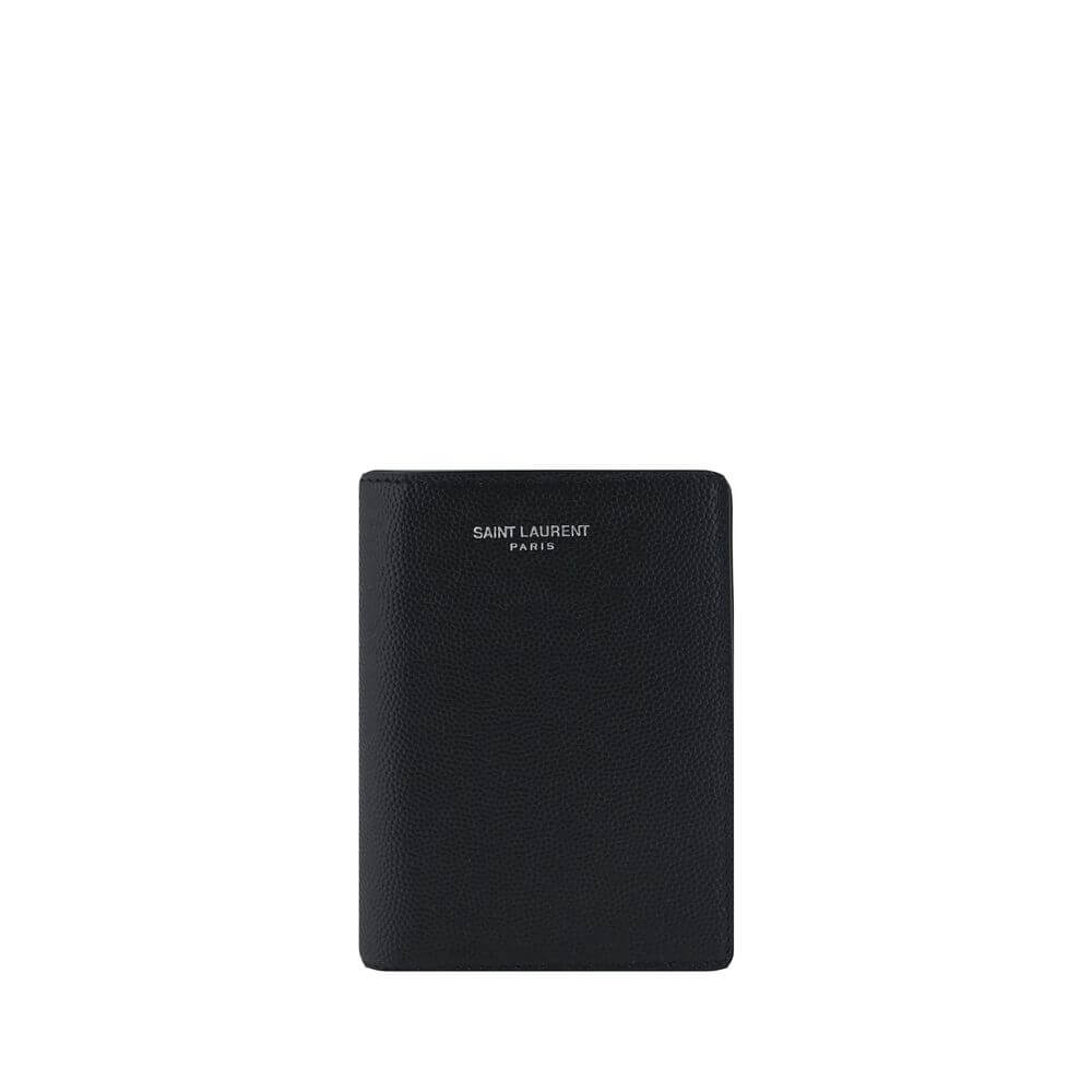 Saint Laurent Black Calf Leather Bos Taurus Wallet, embossed grained leather, billfold design, iconic print, card slots, made in Italy.