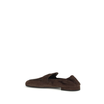 Prada Brown Lamb Ovis Aries Aries Slip-On Loafers with suede and leather horsebit detail, rubber sole, and screen-printed logo.