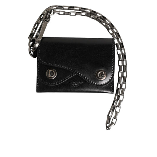Dolce & Gabbana Black Cavallo Leather Wallet Chain Snap Bifold Card Holder with DG monogram hardware and detachable silver chain.