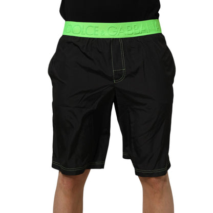 Dolce & Gabbana Black Green Logo Waistband Beachwear Short Swimwear