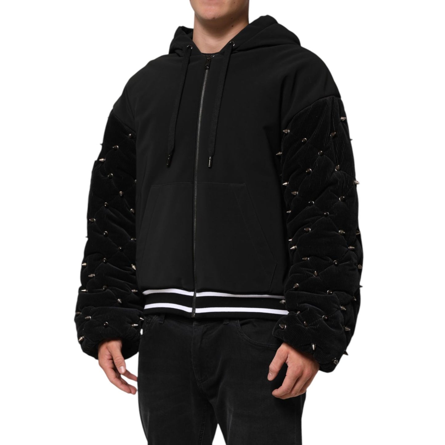 Dolce & Gabbana Black Cotton Quilted Studded Sleeve Hoodie Jacket