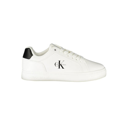 Calvin Klein White Leather Women Sneaker with black accents and logo, showcasing luxury fashion and comfort in sports footwear for confident women.