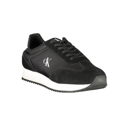 Calvin Klein Black Leather Men Sneaker with white accents and logo, showcasing sleek athletic design for fashion-focused individuals.