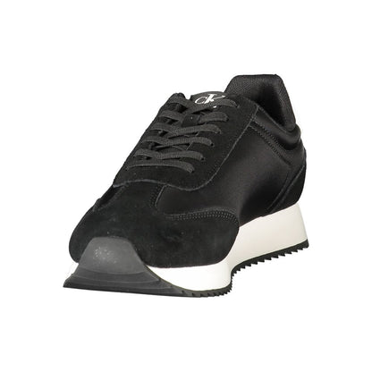 Calvin Klein Black Leather Men Sneaker with white accents and logo, showcasing sleek athletic style.