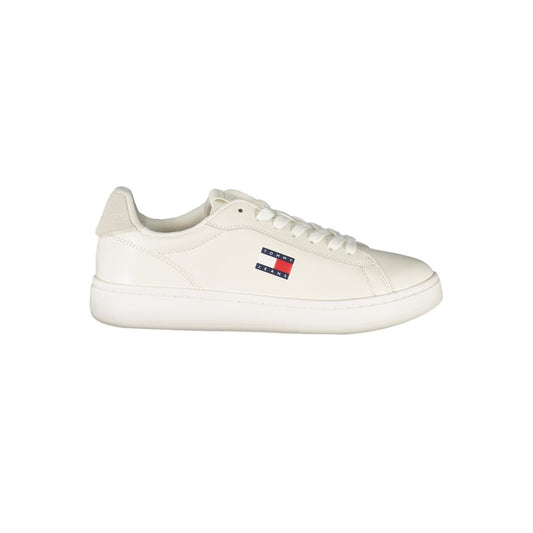 Tommy Hilfiger White Leather Women Sneaker with logo, side view showcasing sporty luxury and comfort, material: polyester.