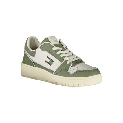 Tommy Hilfiger Green Leather Men Sneaker with white accents and removable footbed, showcasing modern design and comfort.