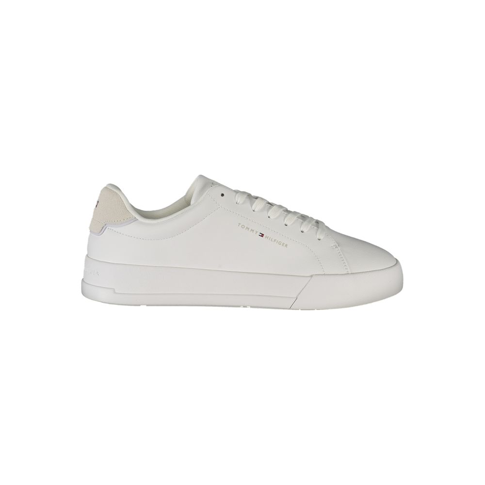 Tommy Hilfiger White Leather Men Sneaker with grey details and logo, offering casual sophistication and style.