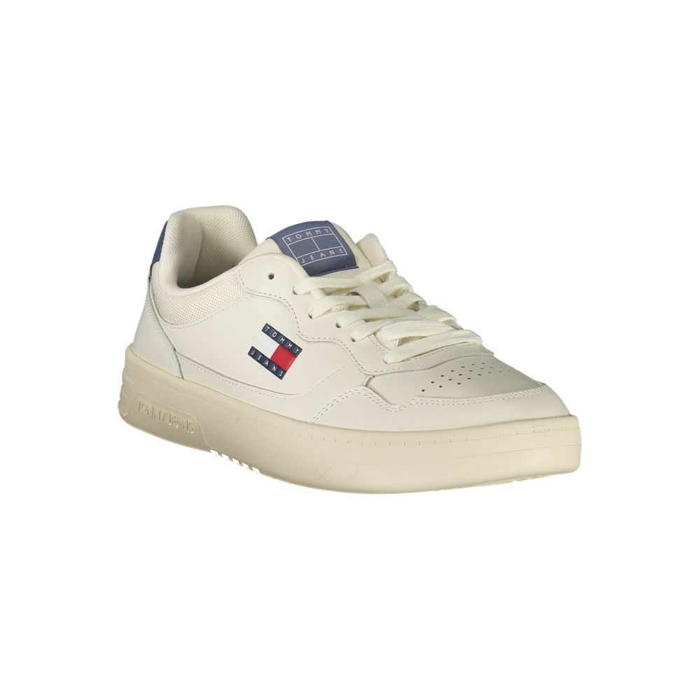 Tommy Hilfiger White Leather Men Sneaker with blue accents and logo, offering a sleek sporty chic look for modern men.