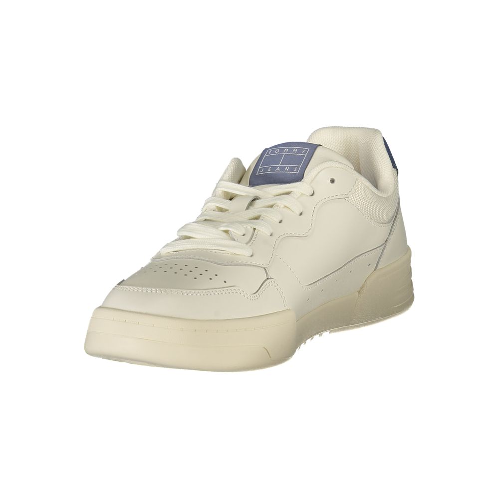 Tommy Hilfiger White Leather Men Sneaker featuring sleek design with blue accents, perfect for casual occasions. Stylish and comfortable footwear.