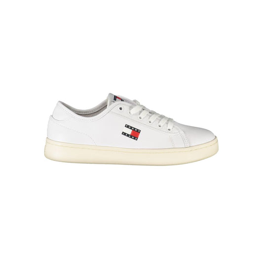 Tommy Hilfiger White Leather Women Sneaker with iconic logo and bold details, designed for comfort and style.