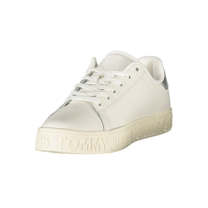 Tommy Hilfiger White Leather Women Sneaker with silver accents featuring Tommy logo and removable footbed for style and comfort.