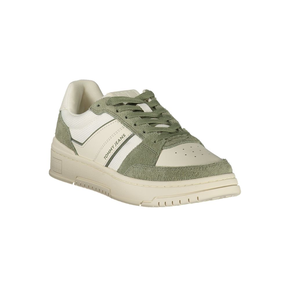 Tommy Hilfiger White Leather Men Sneaker with green accents, showcasing sporty sophistication and comfort features like a removable footbed.