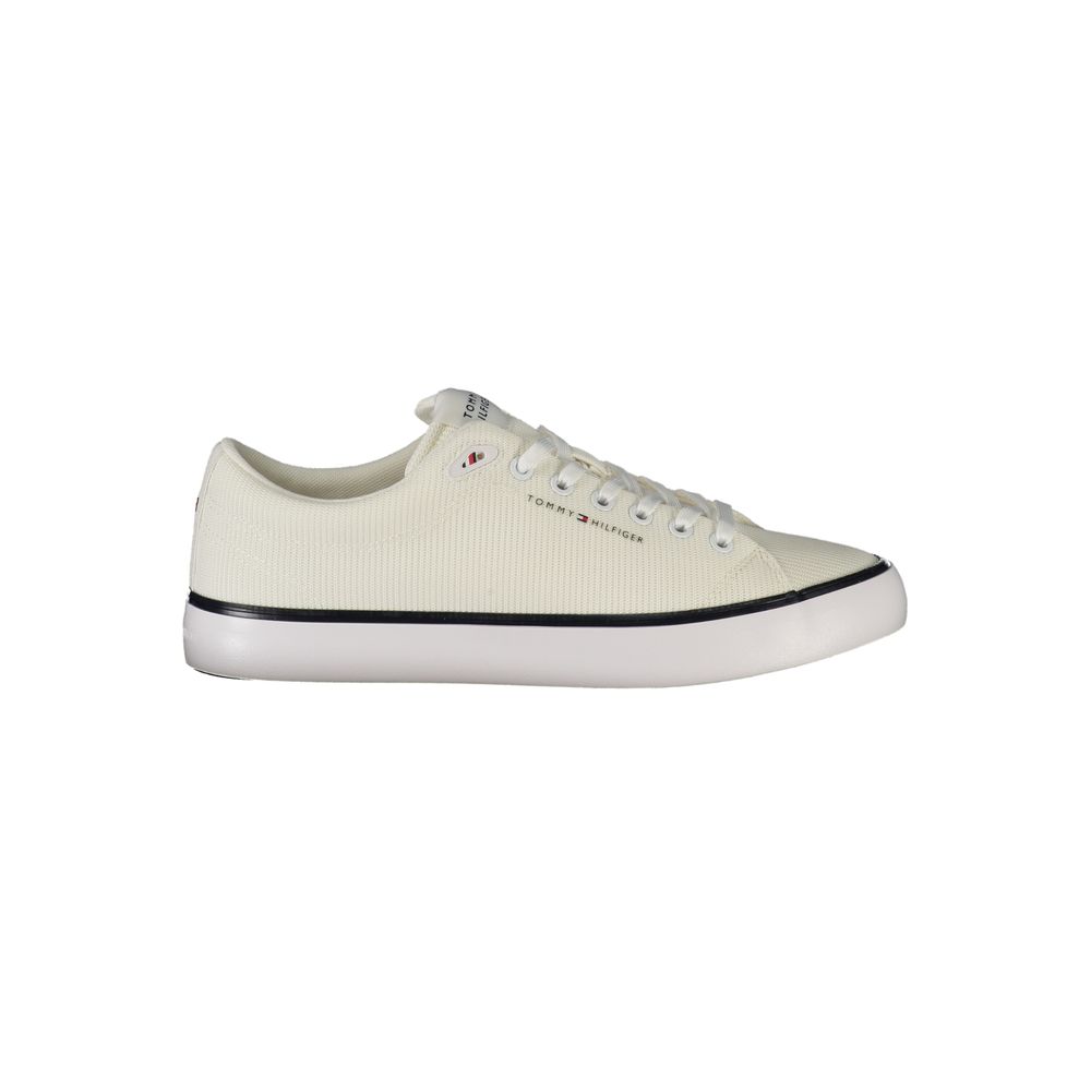 Tommy Hilfiger White Polyester Men Sneaker with sleek design and signature logo, offering style and comfort.