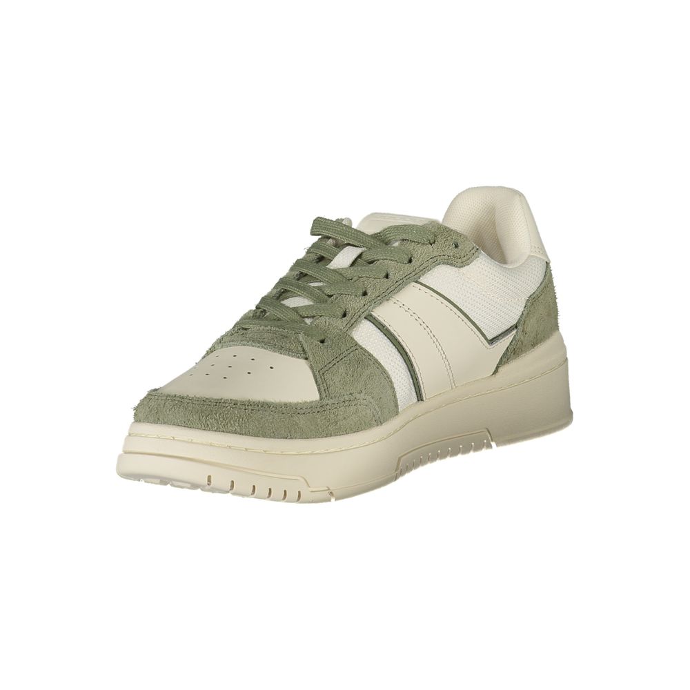Tommy Hilfiger White Leather Men Sneaker with green accents for a sporty look with removable footbed for custom fit.
