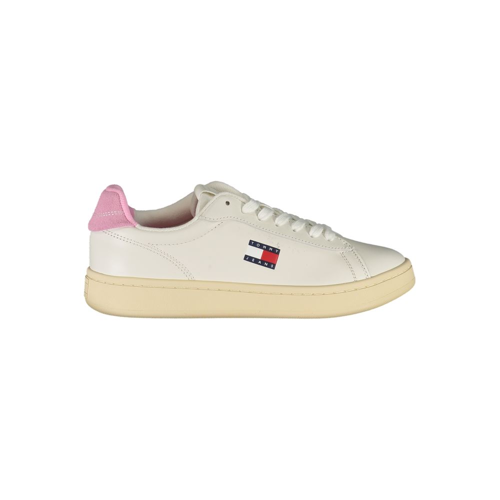Tommy Hilfiger White Leather Women Sneaker with pink accents and iconic logo, perfect for bold fashion statements and trendsetters.