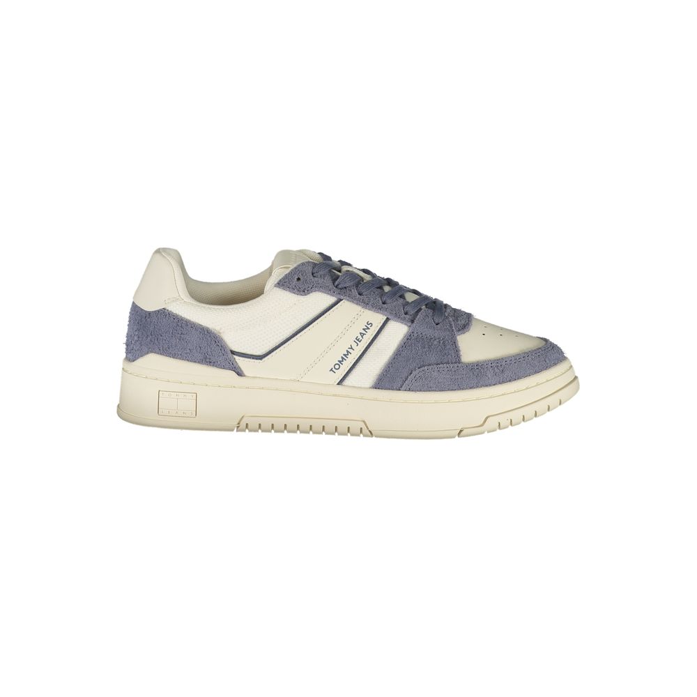 Tommy Hilfiger White Leather Men Sneaker with blue accents, featuring style and comfort with a removable footbed. Iconic branding visible.