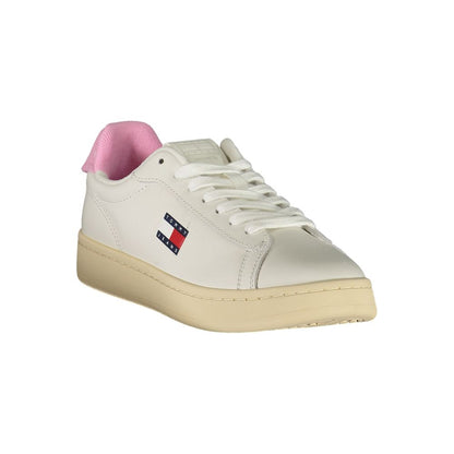 Tommy Hilfiger White Leather Women Sneaker with pink accents and logo, perfect for trendy fashion statements.