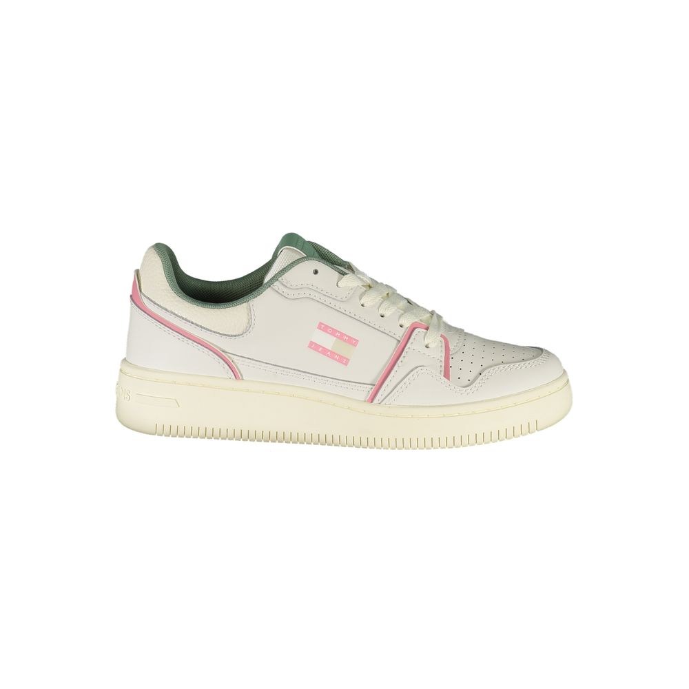 Tommy Hilfiger White Leather Women Sneaker with green and pink accents, sporty chic lace-up design, Tommy Hilfiger logo, comfortable footbed.