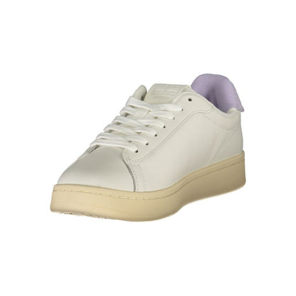 Tommy Hilfiger White Leather Women Sneaker with wisteria accents and removable footbed, featuring iconic logo on a chic design.