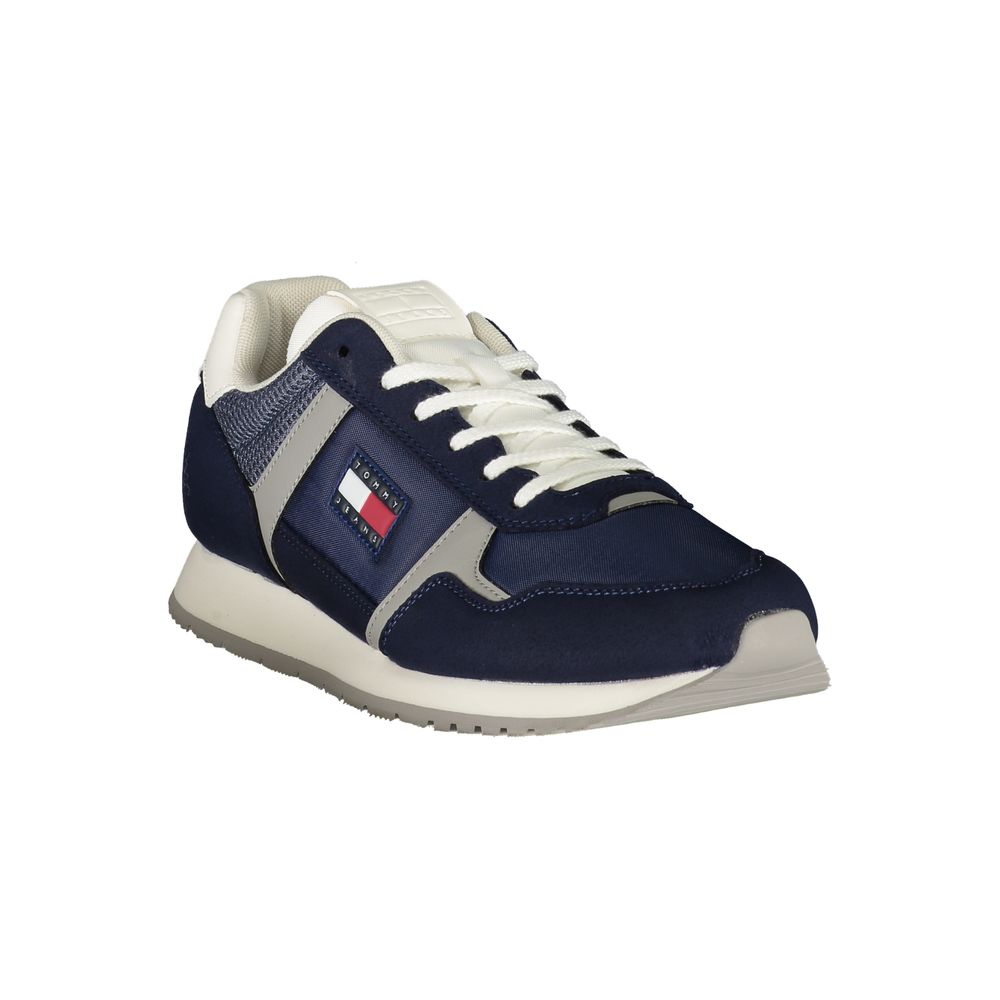 Tommy Hilfiger Blue Polyester Men Sneaker with logo and removable footbed, perfect for fashion-forward individuals seeking style and comfort.