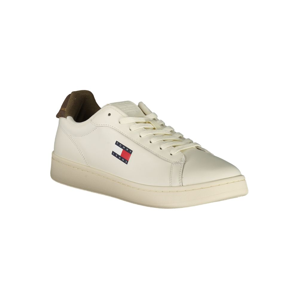Tommy Hilfiger White Leather Men Sneaker with logo, showcasing stylish white design and comfort.