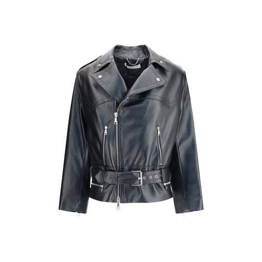Alessandra Rich Black Leather Biker Jacket with wide lapels, side zipper, and adjustable belt, perfect blend of grit and femininity.