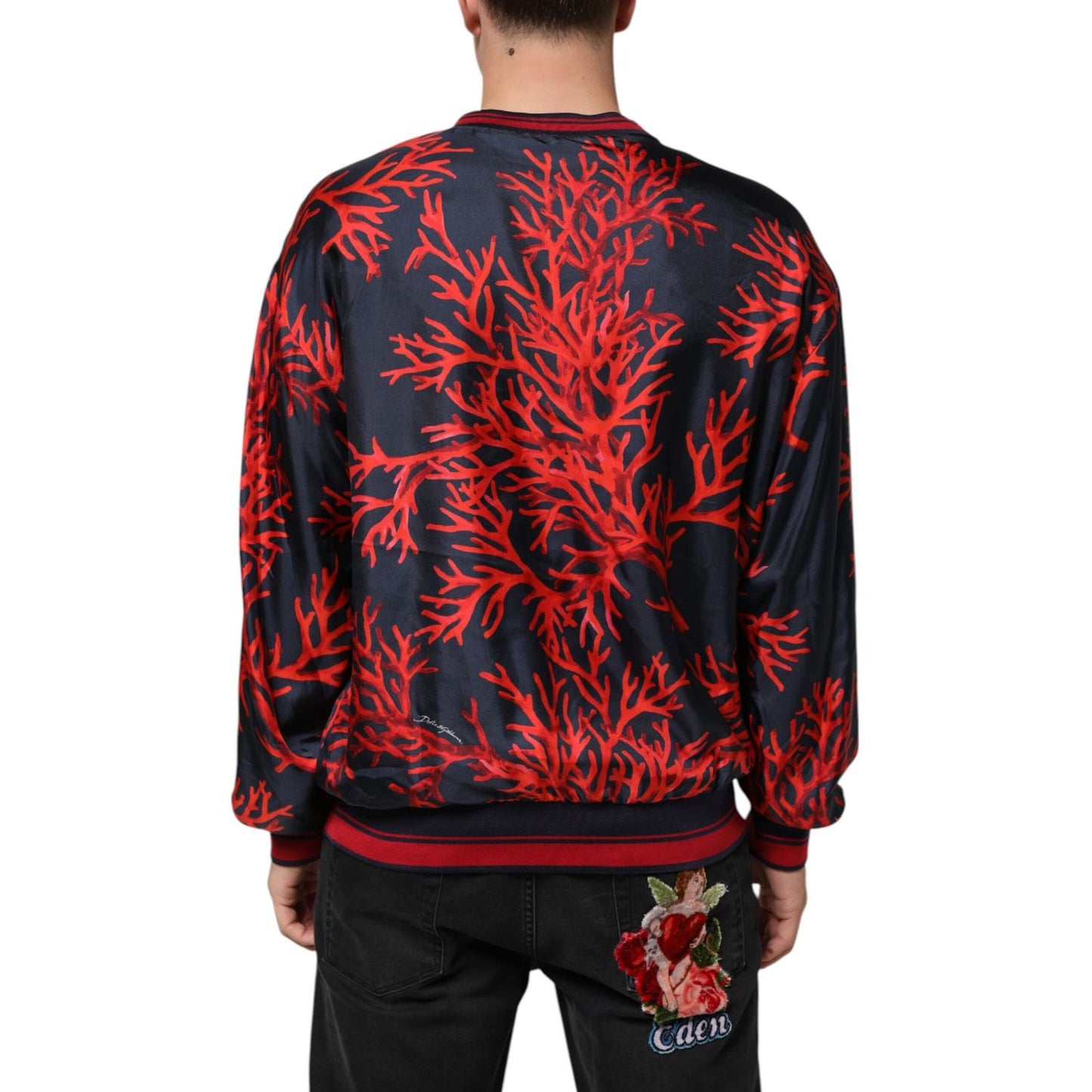 Dolce & Gabbana Silk Navy Red Coral Print Pullover Sweater