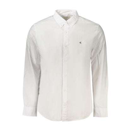 Calvin Klein White Cotton Men Shirt, long-sleeved classic fit with button-down collar, logo embroidery, stylish and comfortable
