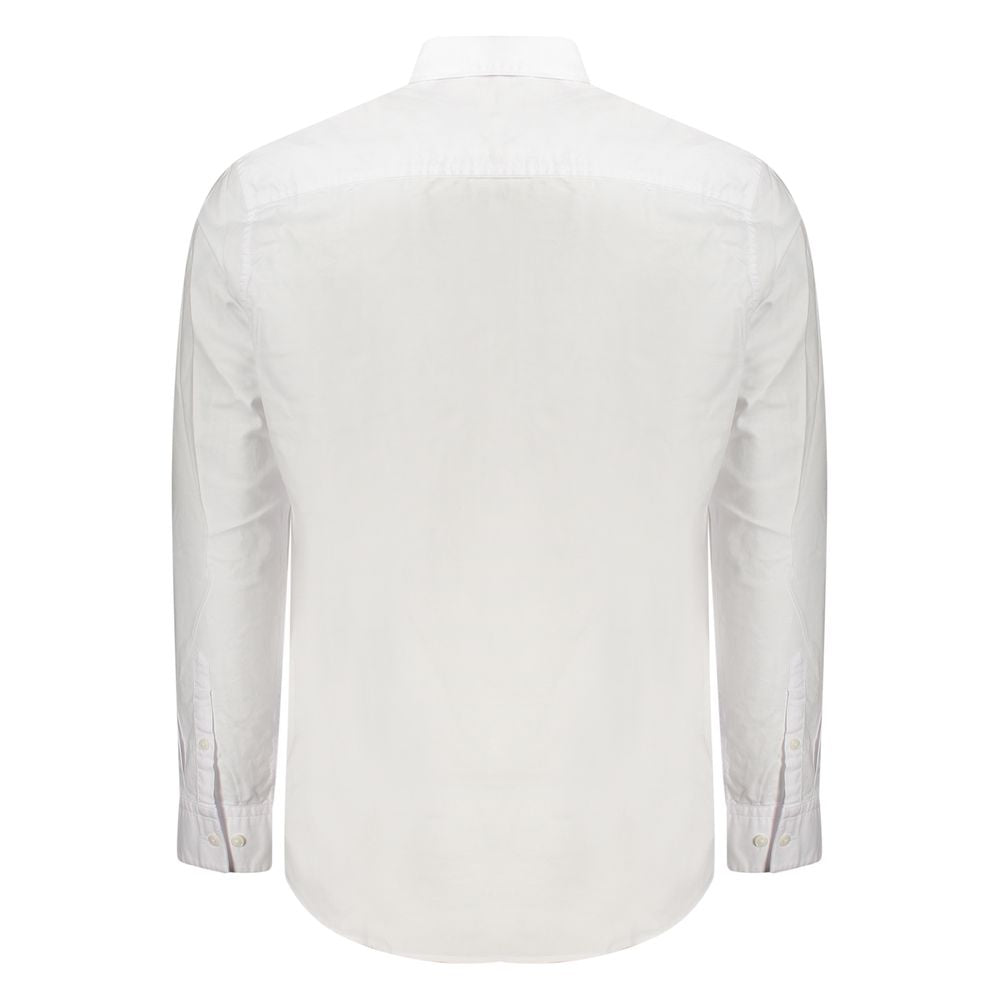 Back view of Calvin Klein White Cotton Men Shirt showcasing long sleeves and button cuffs.