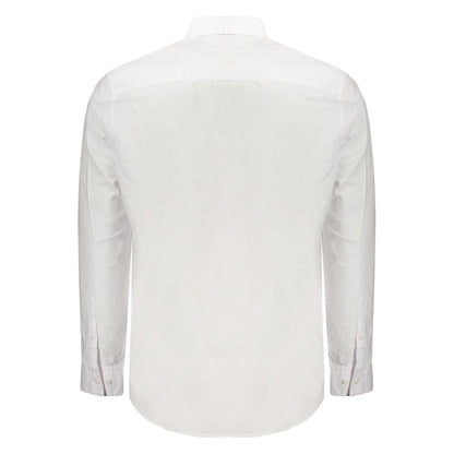 Back view of Calvin Klein White Cotton Men Shirt showcasing long sleeves and button cuffs.